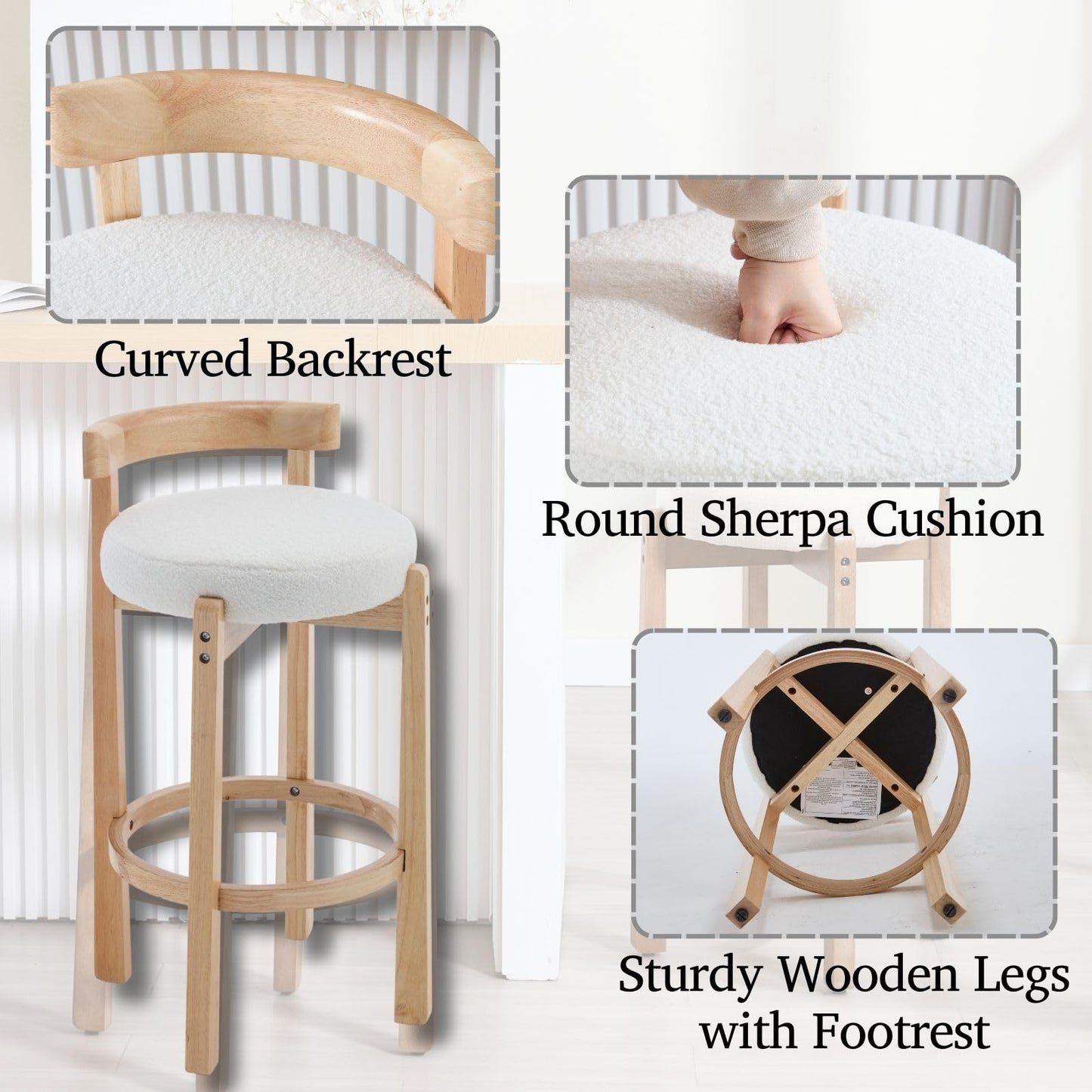 LukeAlon Mid Century Linen Counter Stools Set of 3, Upholstered 26.5" Seat Height Low Barstools with Natural Wood Legs Round Low Back Kitchen Stools with Footrest for Dining Room, Beige