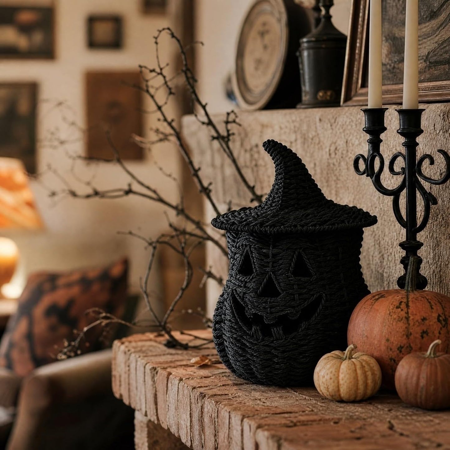 Rattan Lantern Pumpkin Candle Holder with Witch Hat Shape Lid