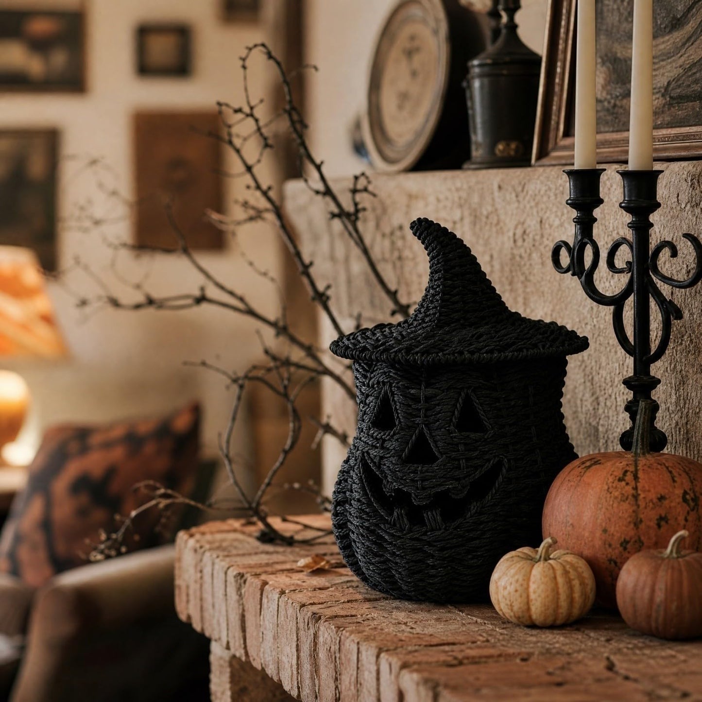 Rattan Lantern Pumpkin Candle Holder with Witch Hat Shape Lid