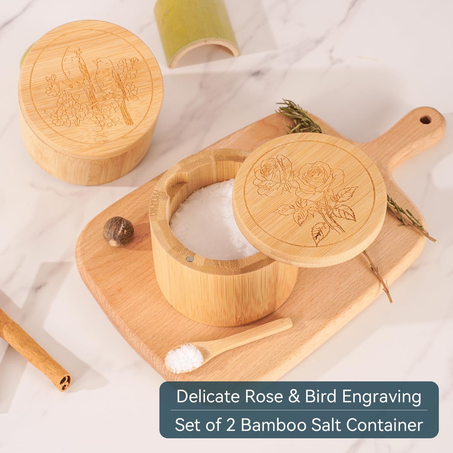 Timtopno Salt Cellar, Acacia Wood Salt Container with Built-in Spoon & Swivel Lid, Engraved SALT Box, Salt Holder Bowl for Countertop Seasoning Storage