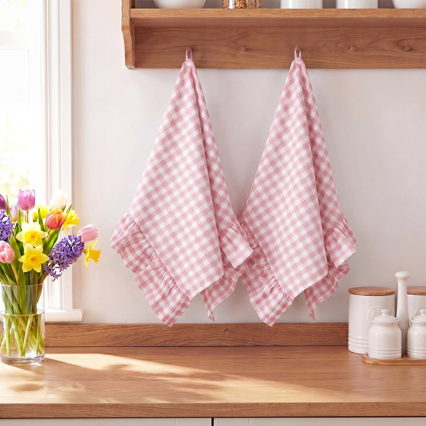 HunnmingRe Taupe Kitchen Towels Set of 2, 100% Cotton Ruffled Gingham Dish Towels 18"x28" Tea Cloths Classic Plaid Pattern for Farmhouse Charm, Drying Dishes, Entertaining Guests