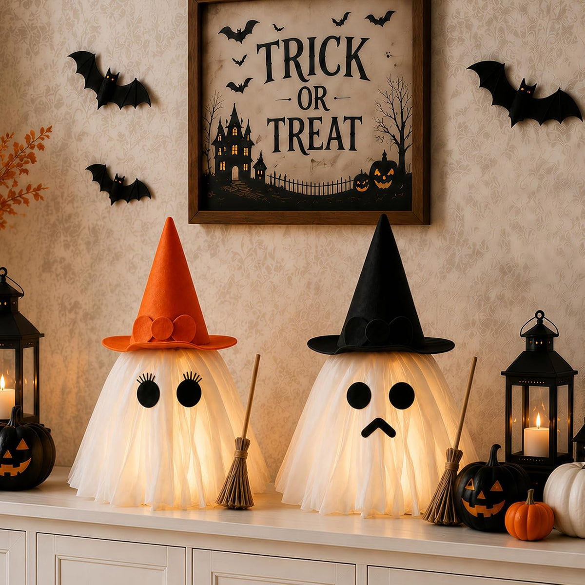 Halloween Decorations – Set of 2 Light-Up Ghosts with Witch Hats