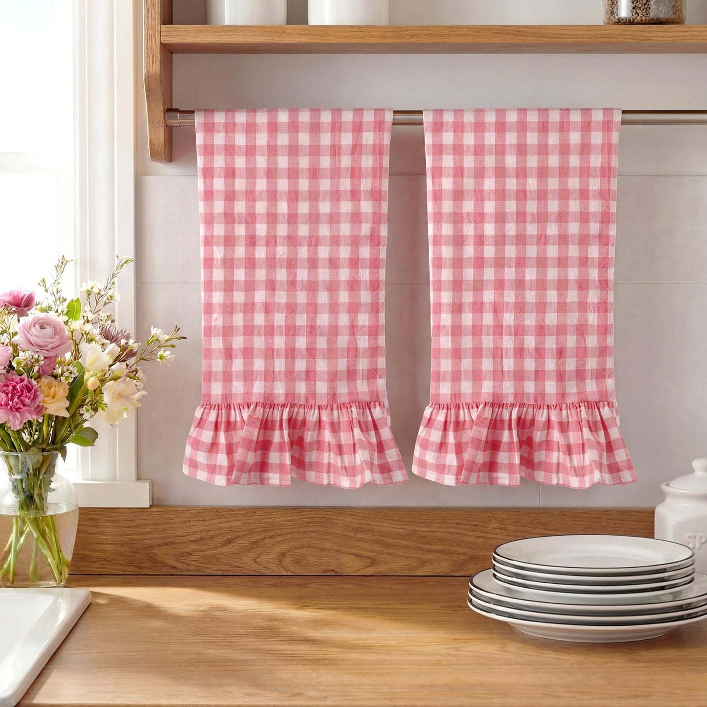 HunnmingRe Taupe Kitchen Towels Set of 2, 100% Cotton Ruffled Gingham Dish Towels 18"x28" Tea Cloths Classic Plaid Pattern for Farmhouse Charm, Drying Dishes, Entertaining Guests