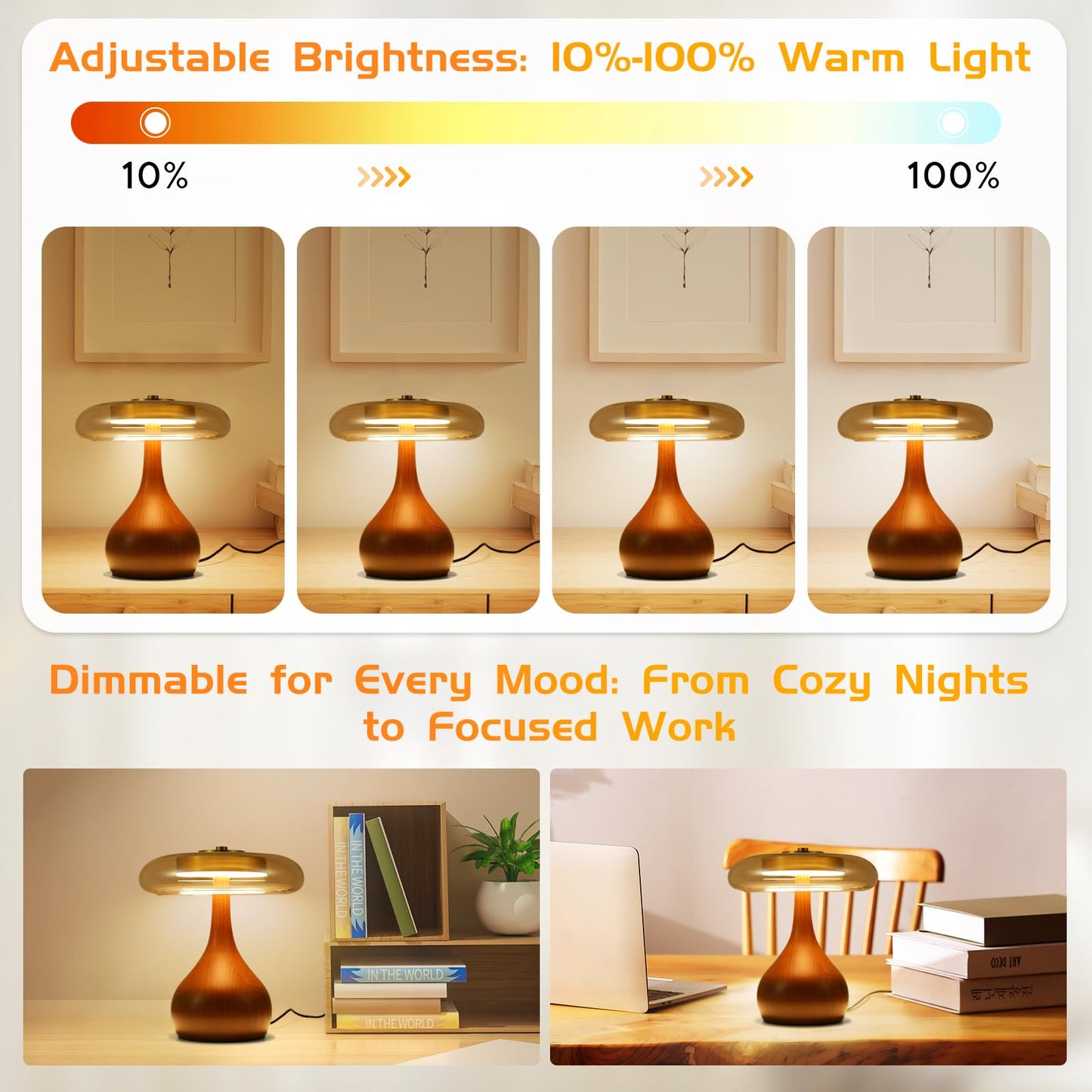 Brass Base Mushroom Table Lamp for Bedroom, Small Desk Lamp with Amber Glass Shade, LED Three Color Temperature Adjustable Brightness Modern Side Table Lighting (H 15.4 in)