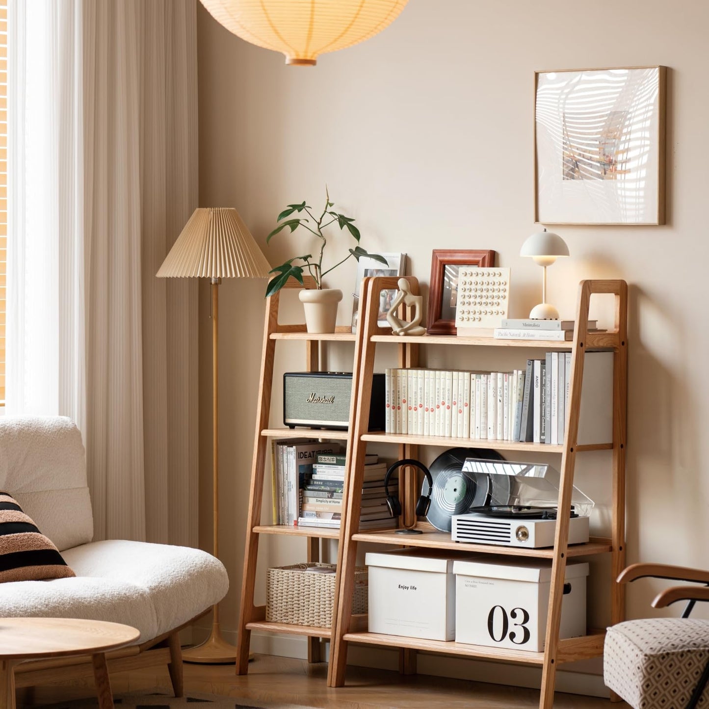 Solid Oak 3 Tier Ladder Bookshelf