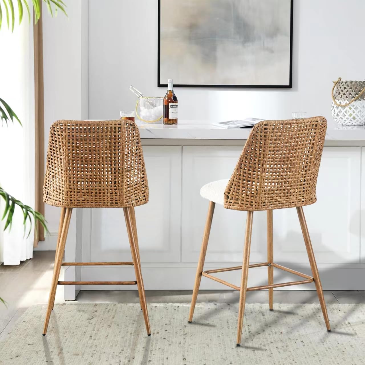 Rattan Bar Stools Set of 2, Counter Height Wicker Bar Stools with Square Back, Square Bar Chair with PE Rattan with Metal Legs,Chair for Home Kitchen