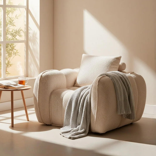 Furnimart Pumpkin Single Sofa, Oversized Could Comfy Accent Chair, Foam Boneless Chair Wide Seat, Modern Small Couch for Living Room, Bedroom, Assemble Free(Beige)