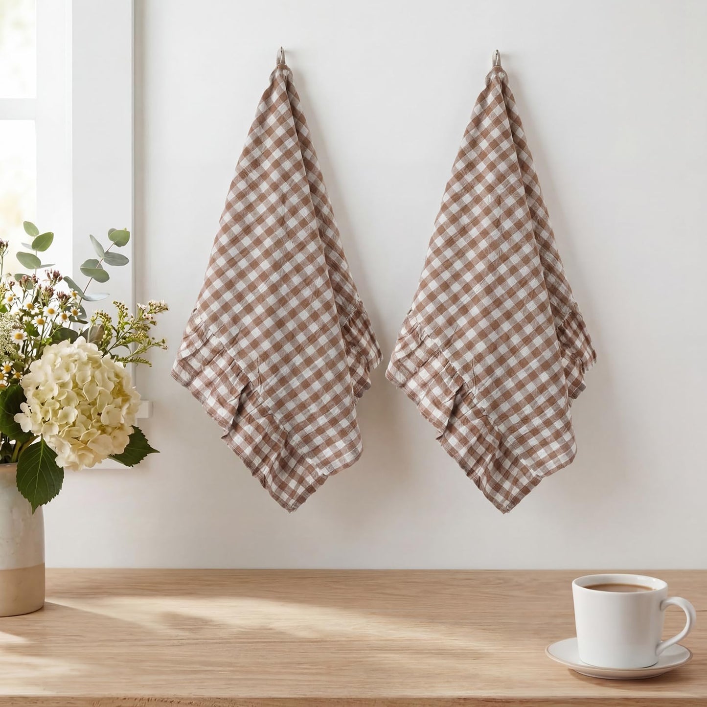 HunnmingRe Taupe Kitchen Towels Set of 2, 100% Cotton Ruffled Gingham Dish Towels 18"x28" Tea Cloths Classic Plaid Pattern for Farmhouse Charm, Drying Dishes, Entertaining Guests