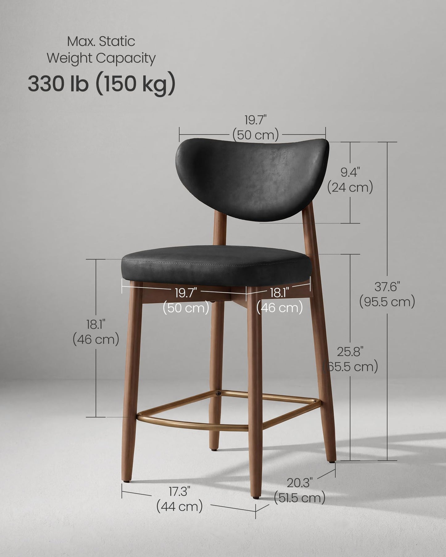VASAGLE Wooden Bar Stools Set of 2, Upholstered Counter Height Barstools with Solid Wood Legs, Ergonomic Backrest, Mid Century Modern, for Kitchen Island, Linen-Look Fabric, Cappuccino Beige