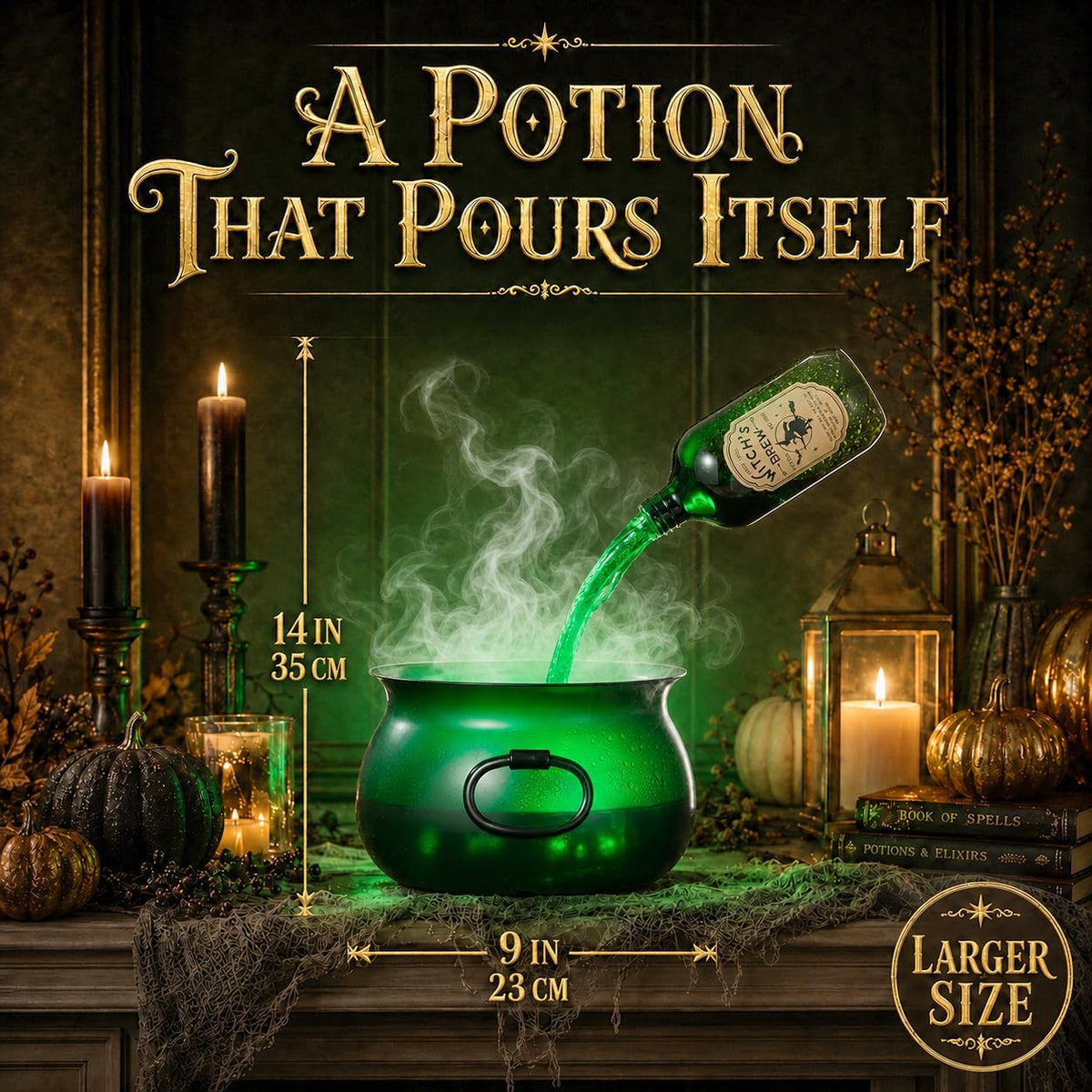 Large Translucent Witches Cauldron with Magic Floating Potion Bottles