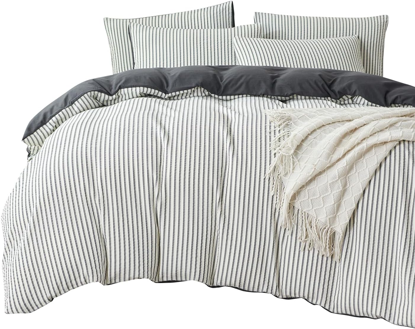 Striped Duvet Cover Queen Beige Washed Microfiber Jacquard 3 Pieces Bedding Set, White Beige Vertical Ticking Stripes Pattern Comforter Cover with Zipper Closure Breathable Durable Soft Comfy