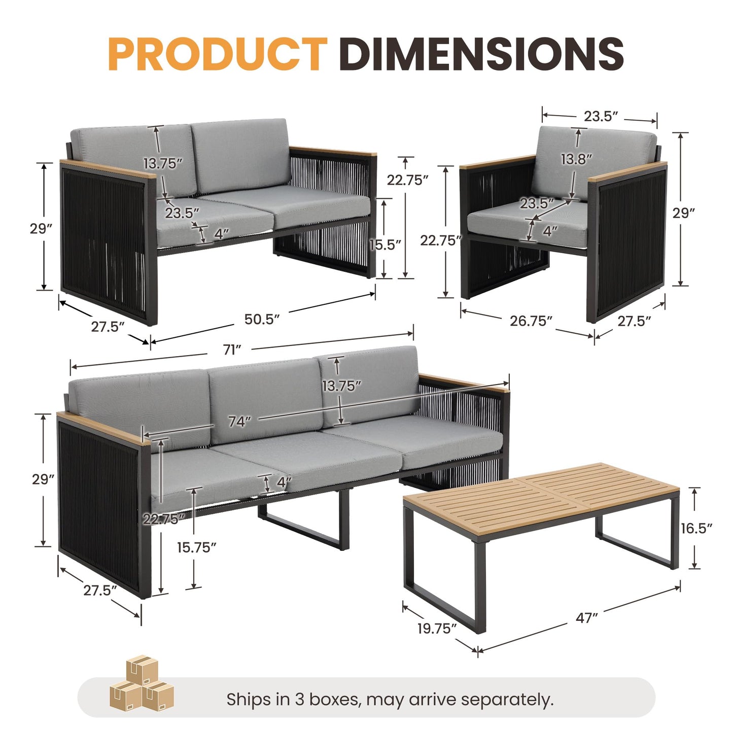 5 Piece Patio Conversation Set for 7, Modular Patio Sofa Couch with Cushions, Rattan Outdoor Patio Furniture Set with Loveseat/Coffee Table, Outdoor Sectional Furniture for Deck/Porch, Beige