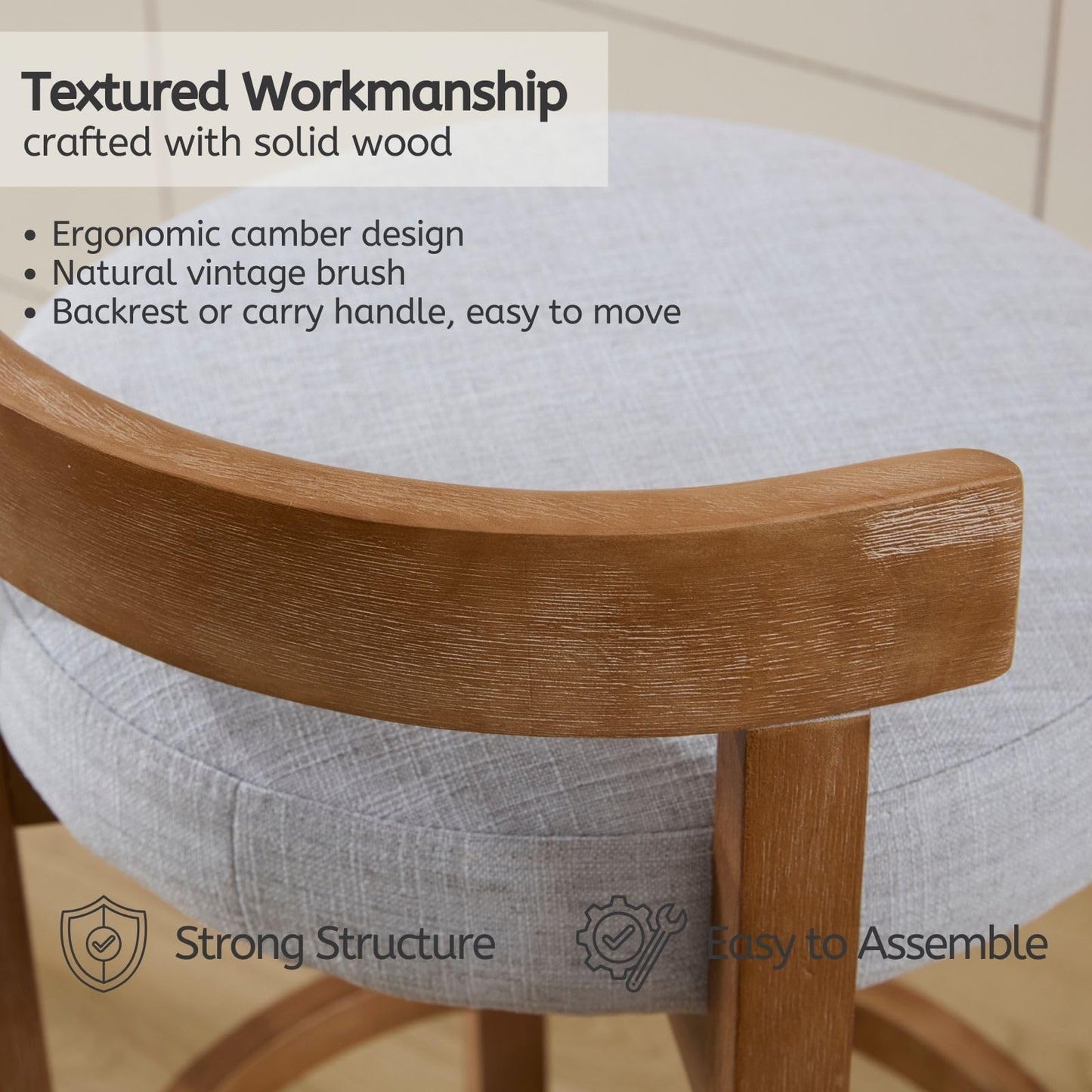 LukeAlon Mid Century Linen Counter Stools Set of 3, Upholstered 26.5" Seat Height Low Barstools with Natural Wood Legs Round Low Back Kitchen Stools with Footrest for Dining Room, Beige