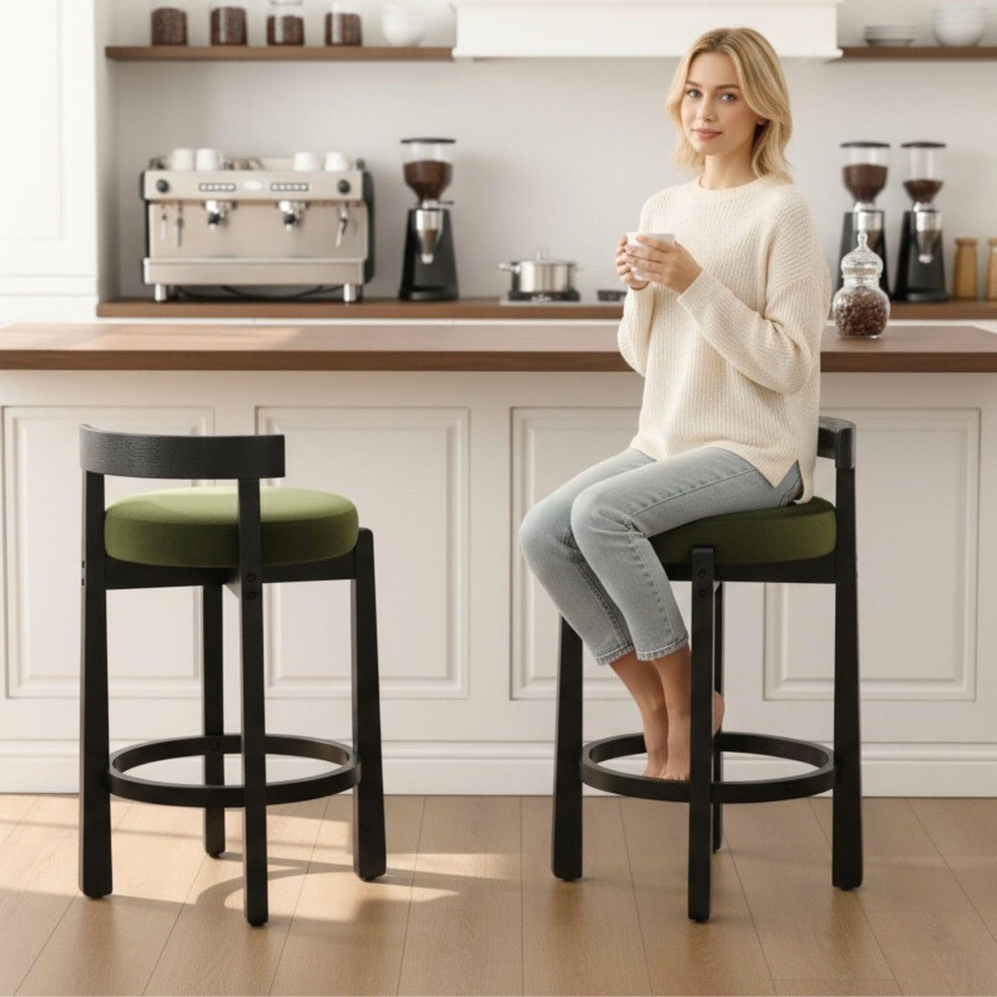 LukeAlon Mid Century Linen Counter Stools Set of 3, Upholstered 26.5" Seat Height Low Barstools with Natural Wood Legs Round Low Back Kitchen Stools with Footrest for Dining Room, Beige