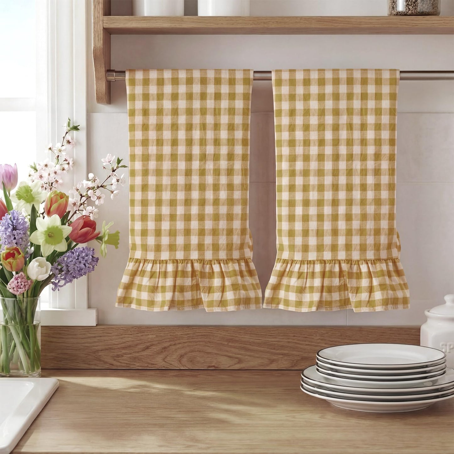 HunnmingRe Taupe Kitchen Towels Set of 2, 100% Cotton Ruffled Gingham Dish Towels 18"x28" Tea Cloths Classic Plaid Pattern for Farmhouse Charm, Drying Dishes, Entertaining Guests
