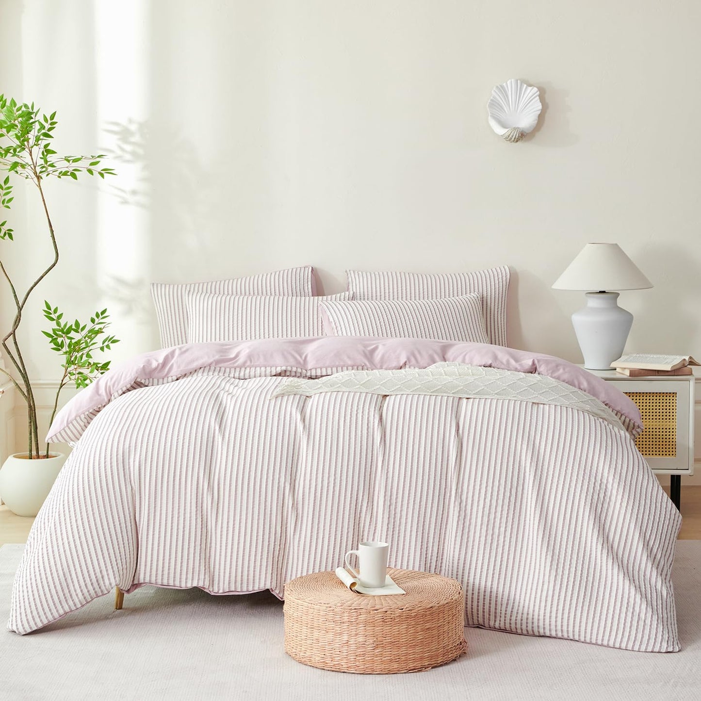 Striped Duvet Cover Queen Beige Washed Microfiber Jacquard 3 Pieces Bedding Set, White Beige Vertical Ticking Stripes Pattern Comforter Cover with Zipper Closure Breathable Durable Soft Comfy