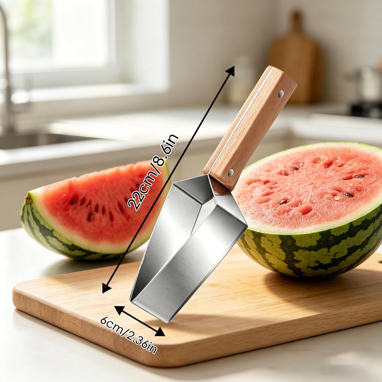 2Pcs Stainless Steel Watermelon Slicer,2026 New Triangle Watermelon Cutter,Handheld Watermelon Cutting Tool Stainless Steel with Wooden Handle for a Variety of Fruits Watermelon, Cantaloupe, Honeydew