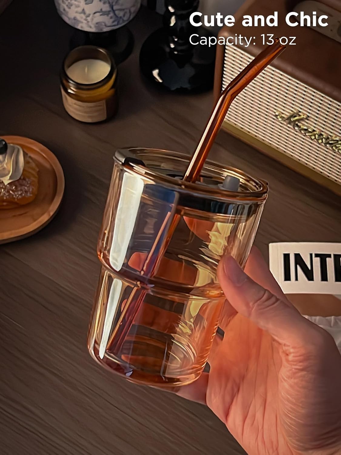 13oz Glass Tumbler with Straw and Lid, Reusable Iced Coffee Cup Tumbler, Cute Glass Cups for Water, Matcha, Travel Coffee Mugs (Amber - 13oz)