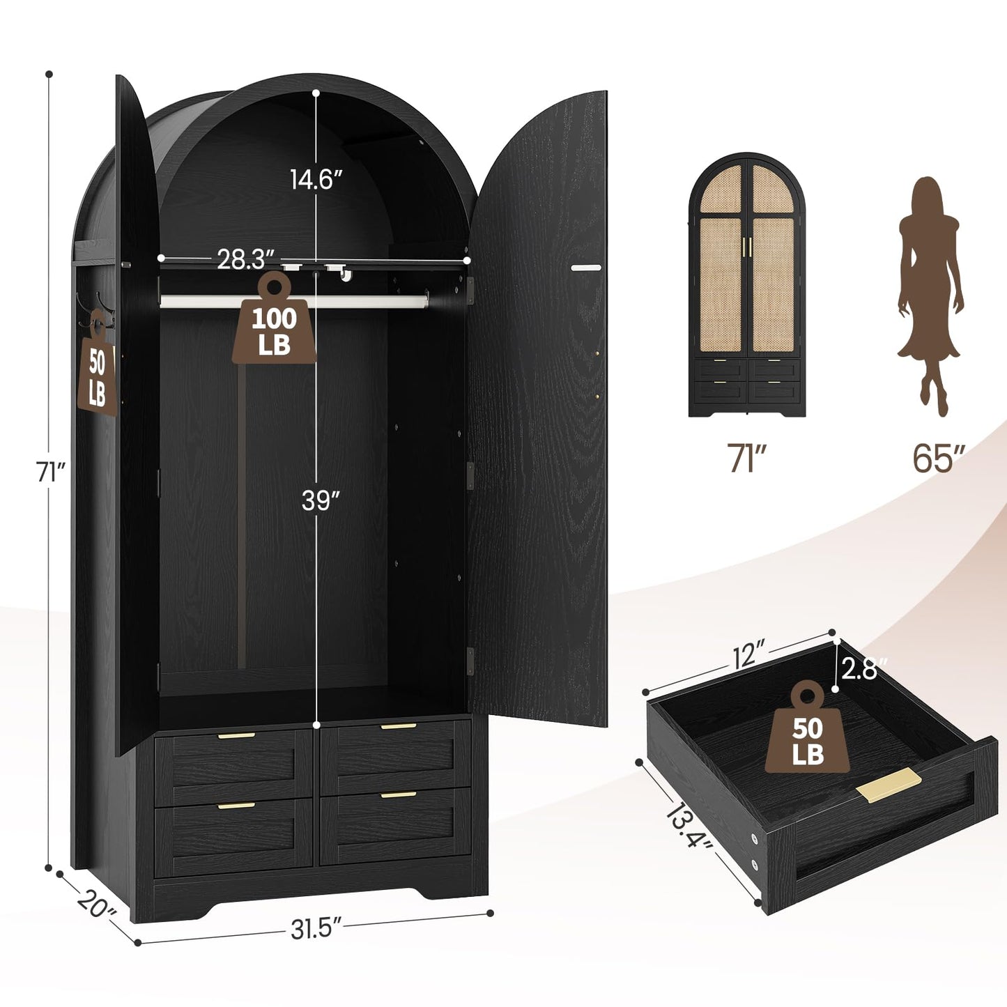 Armoire Wardrobe Closet with 4 Drawers