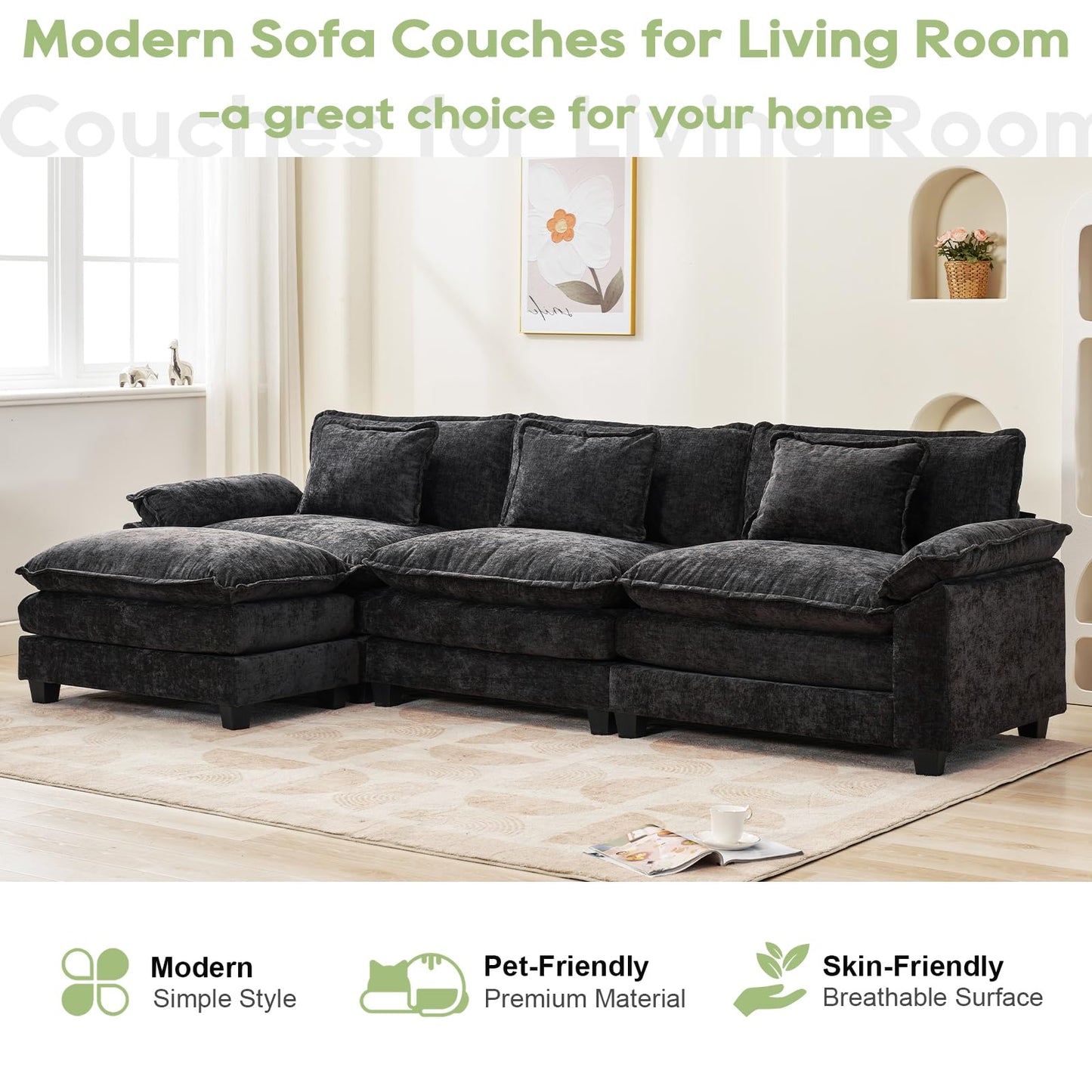 120" Modular Sectional Sofa, Comfy Cloud Couch Sectional Sofa with Ottoman, Chenille Sofa Sleeper Deep Seat Sofa with Throw Pillows for Living Room (Beige White, 120"- U Shape)