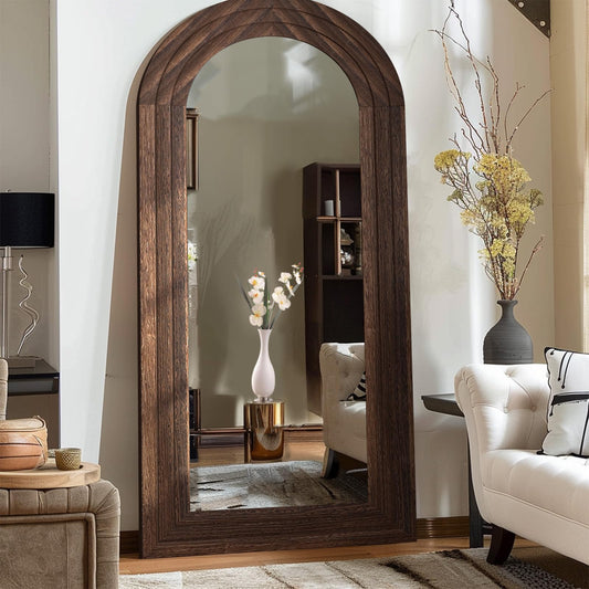 Arched Full Length Mirror with Solid Wood Frame, 71x32 Wall Mounted Floor Mirror with Stand, Vertical Hanging, Leaning Standing for Bedroom, Living Room, Brown