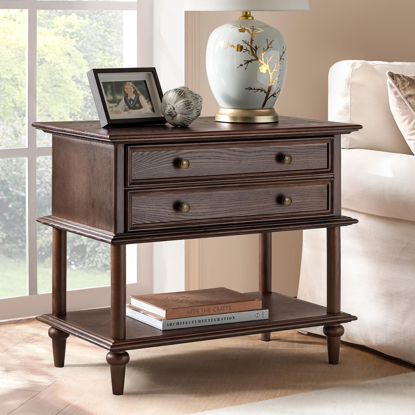 Natural Wood Nightstand with Drawer & Open Shelf