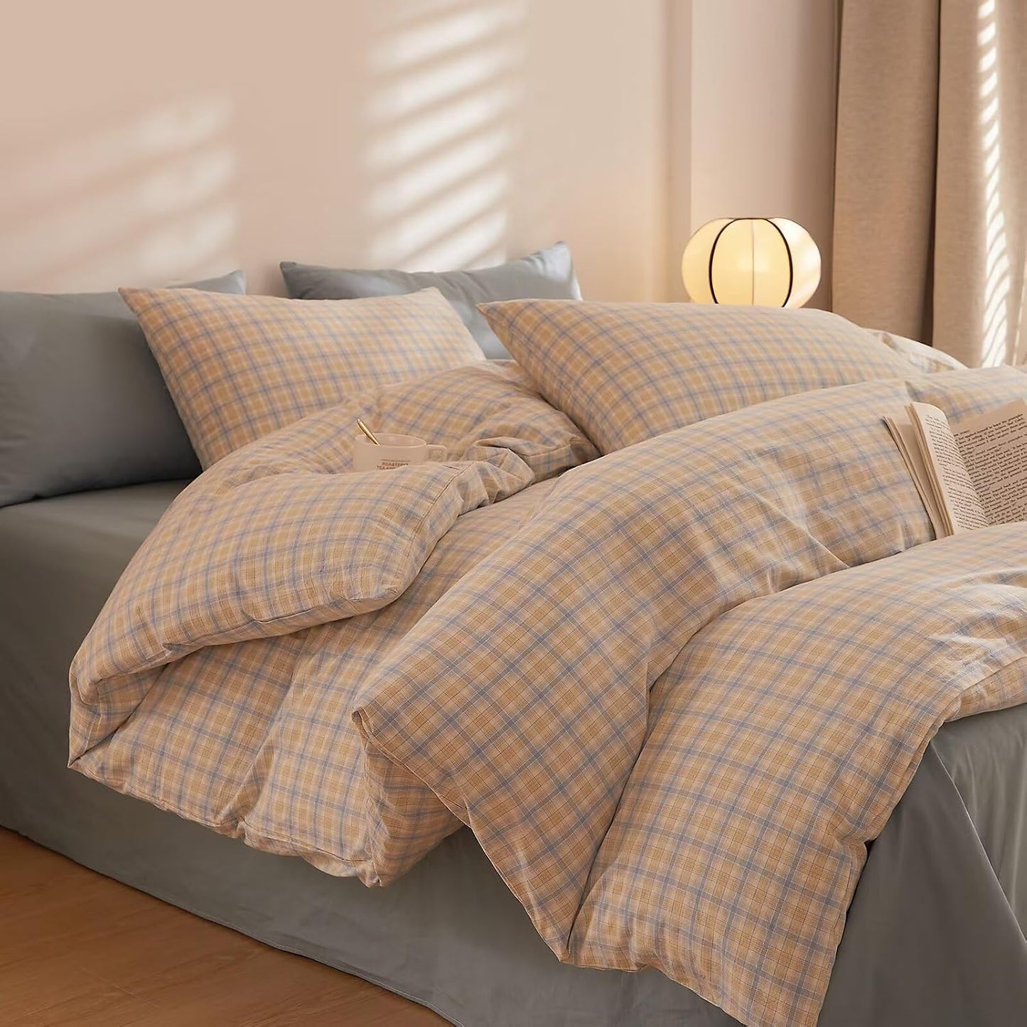 Duvet Cover Set - Brown Plaid Gingham Comforter Cover with Zipper Closure