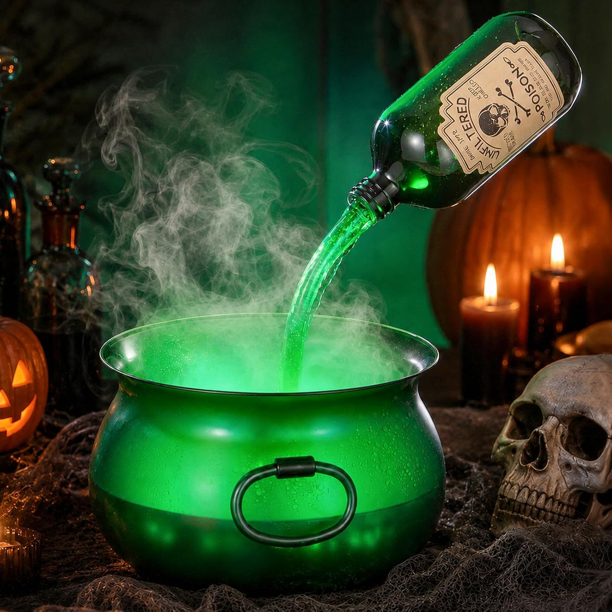 Large Translucent Witches Cauldron with Magic Floating Potion Bottles