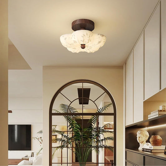 Vintage Fabric Floral Shade Semi Flush Mount Ceiling Light
