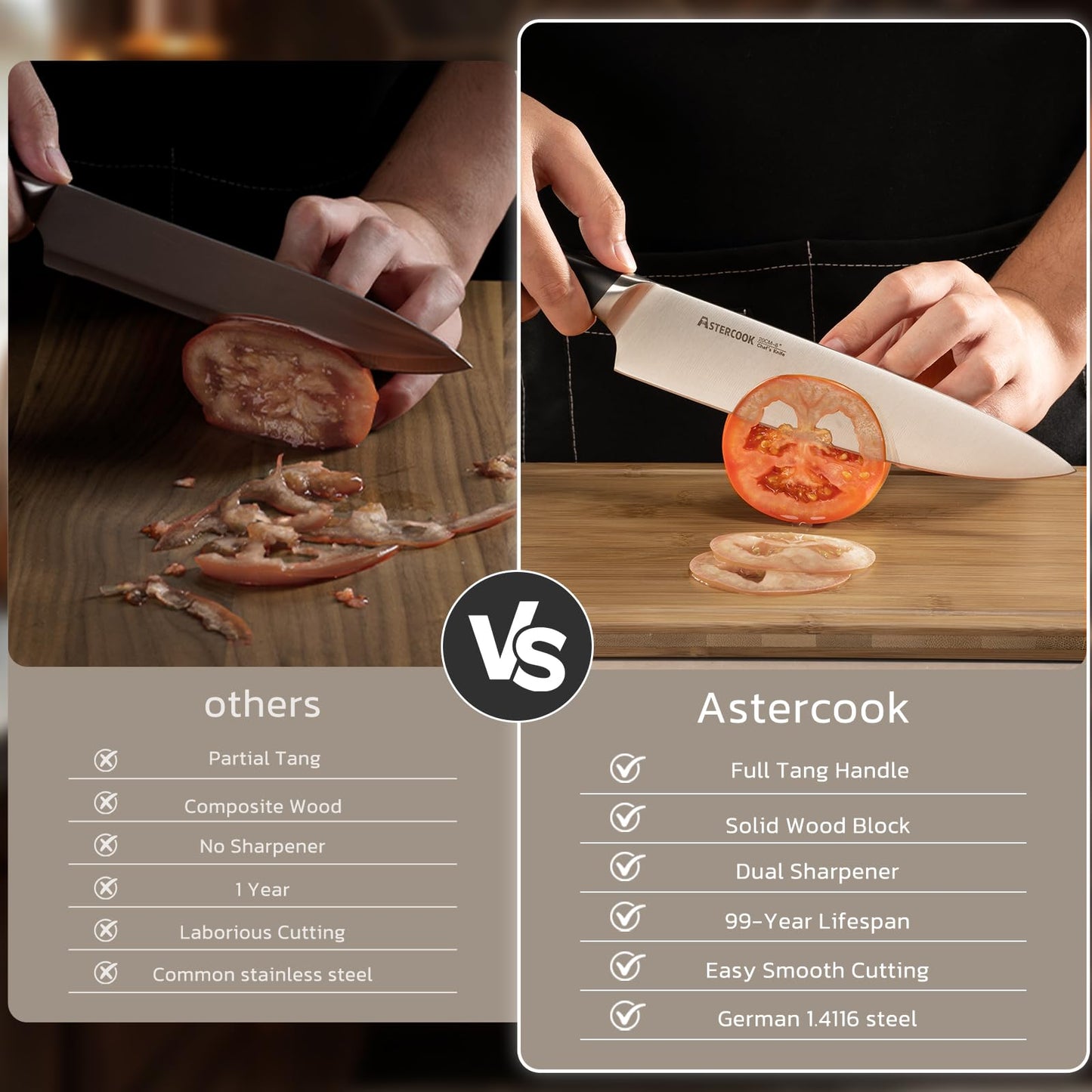 Astercook Knife Set Kitchen with Block and Sharpener Premium Full Tang 17 Pcs German Stainless Steel Knives Dishwasher Safe Kitchen Utensils Set with with and Anti-slip Ergonomic Handle, Cream White