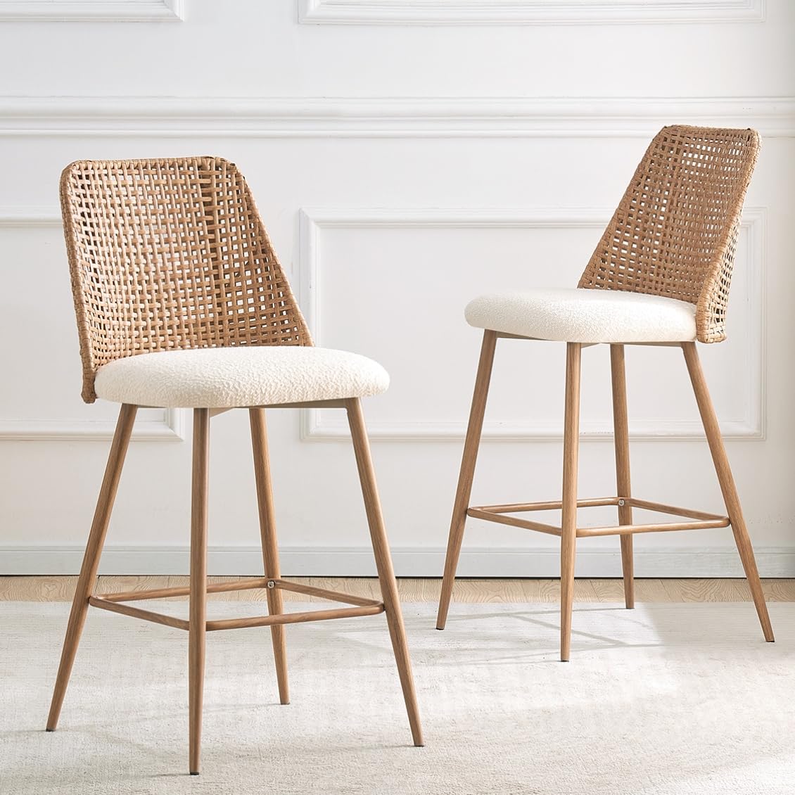 Rattan Bar Stools Set of 2, Counter Height Wicker Bar Stools with Square Back, Square Bar Chair with PE Rattan with Metal Legs,Chair for Home Kitchen