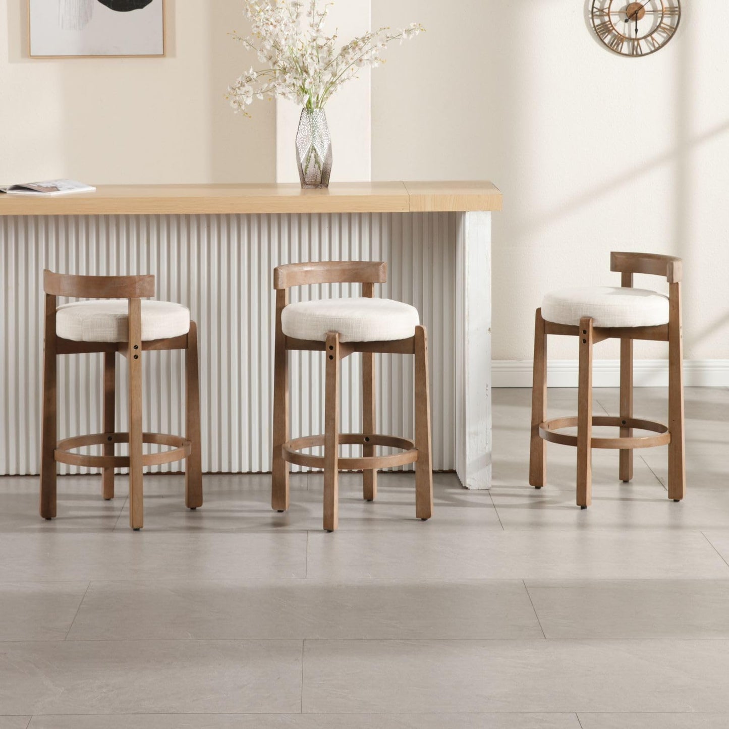 LukeAlon Mid Century Linen Counter Stools Set of 3, Upholstered 26.5" Seat Height Low Barstools with Natural Wood Legs Round Low Back Kitchen Stools with Footrest for Dining Room, Beige
