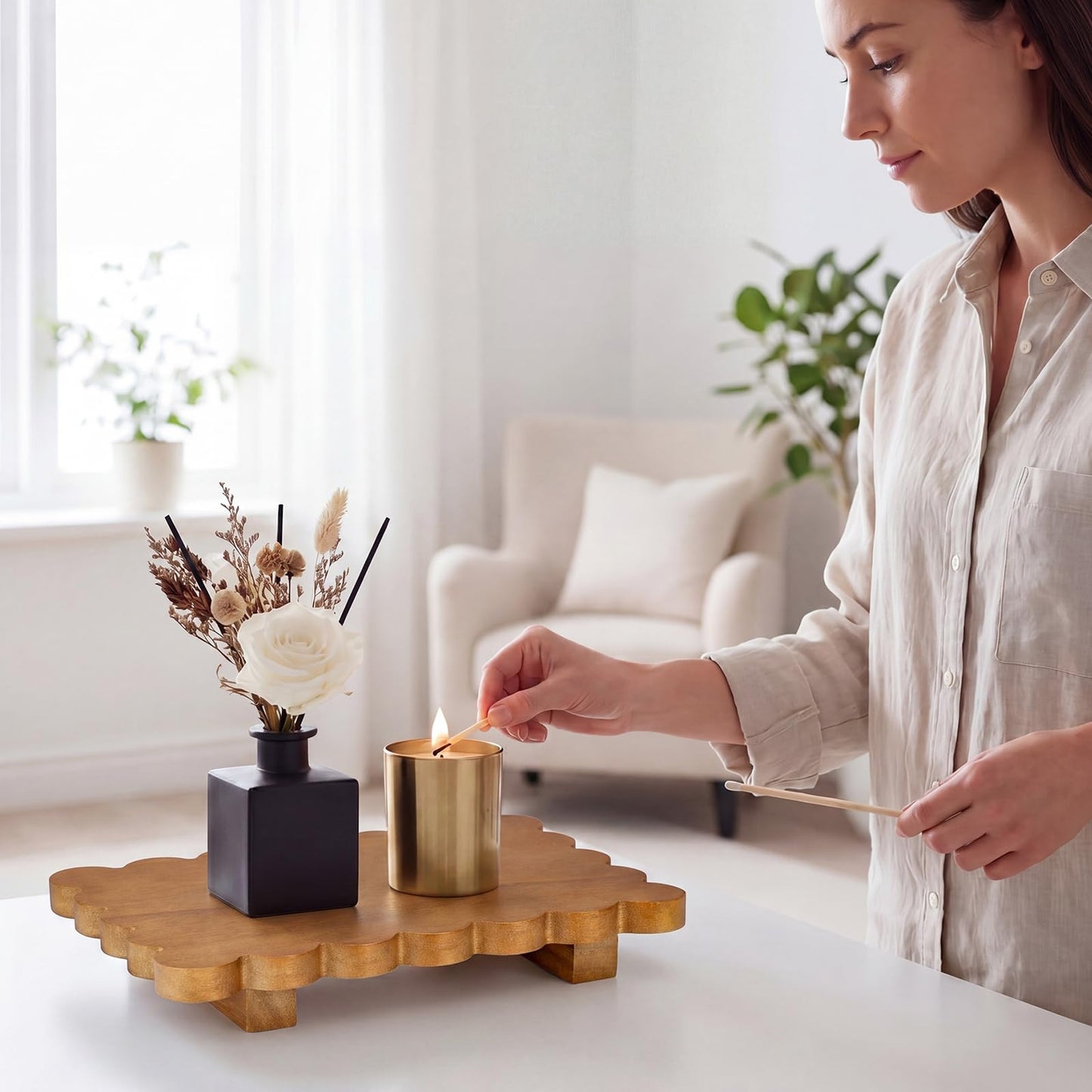 Scalloped Wood Riser Tray
