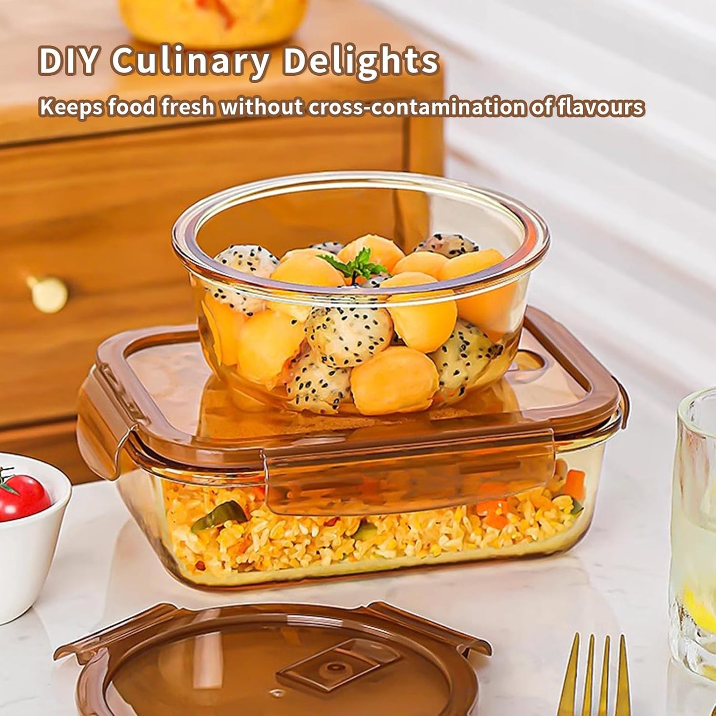 Glass Takeaway Containers with Lids - Meal Prep Container Reusable - Airtight Glass Food Storage Container Set - Lid with Exhaust Valve - 16 Pieces (8 Containers + 8 Lids)