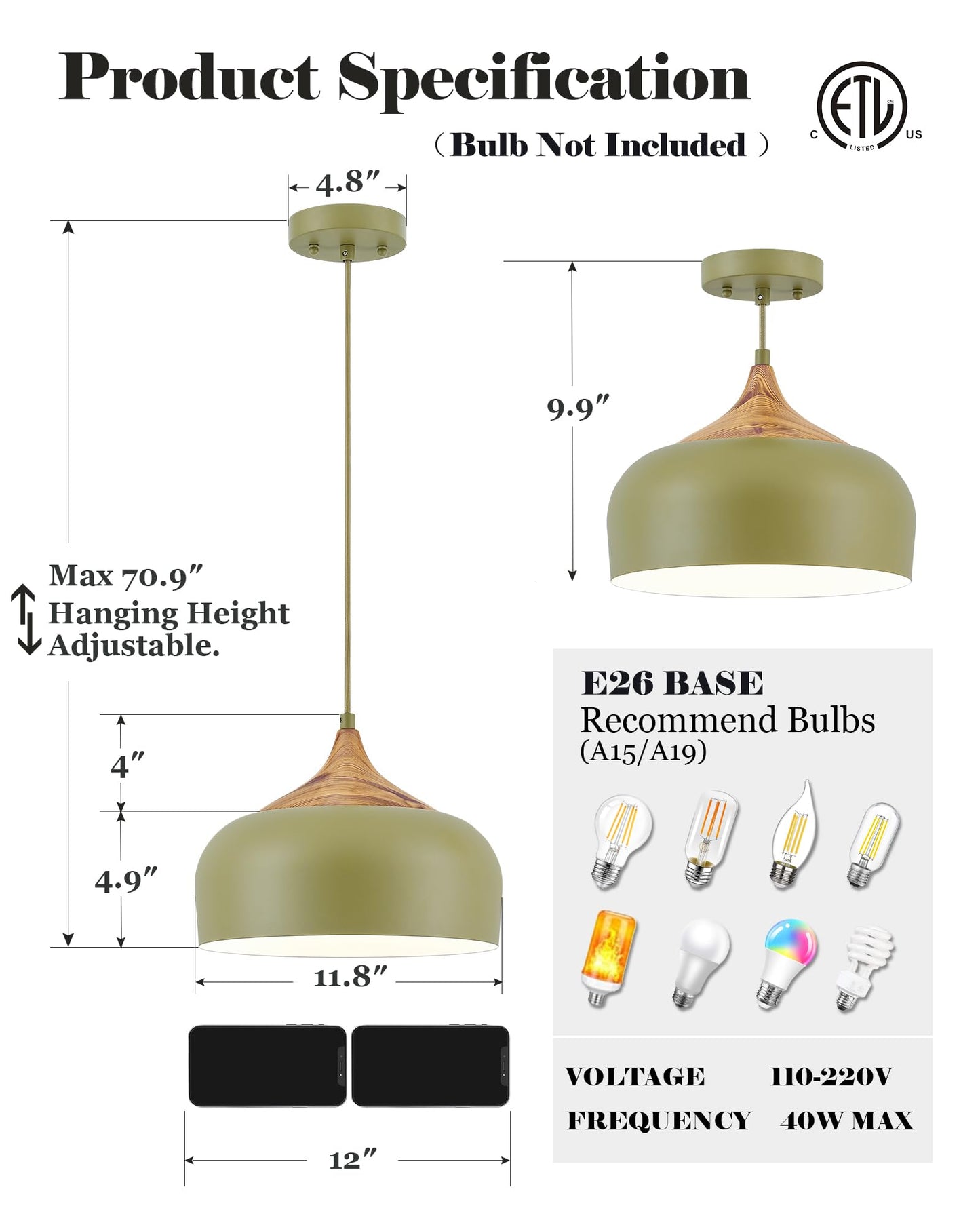 Modern Walnut Wooden Pendant Dome Light