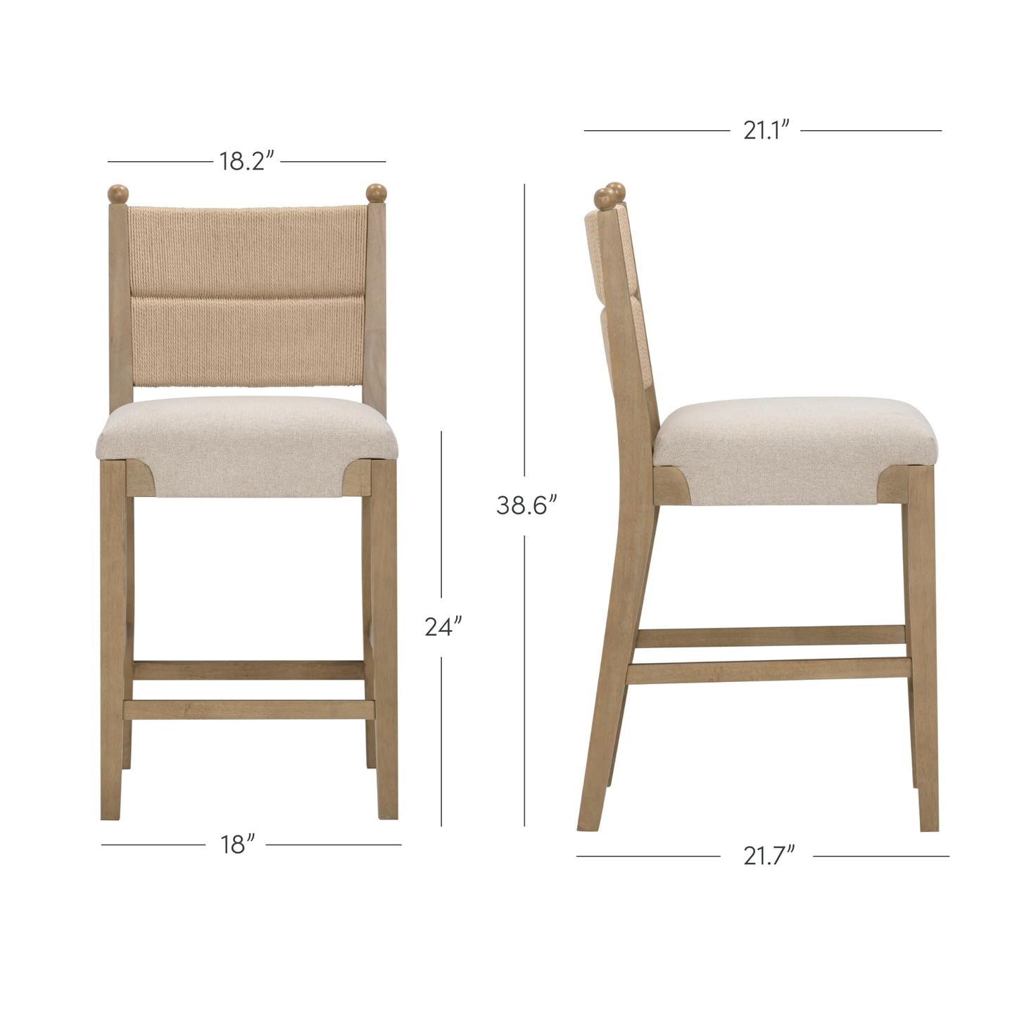 Nathan James Rikki Seagrass Bar Stool with Back, 2-Pack Boucle Counter Stool with Upholstered Seat, Solid Wood Frame, and Woven Seagrass Backrest