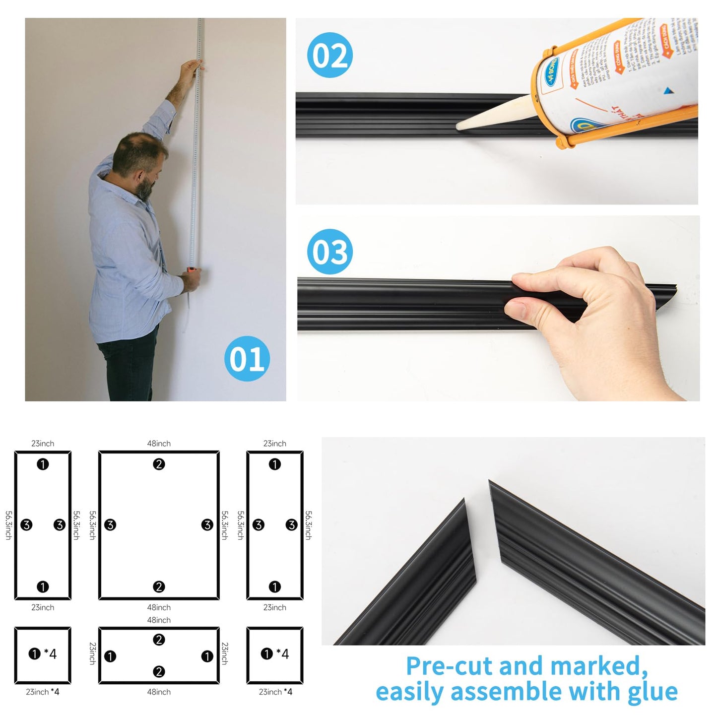 Pre-Cut Wall Molding Set of 6 pcs, Ready-to-Assemble Wainscoting Panels
