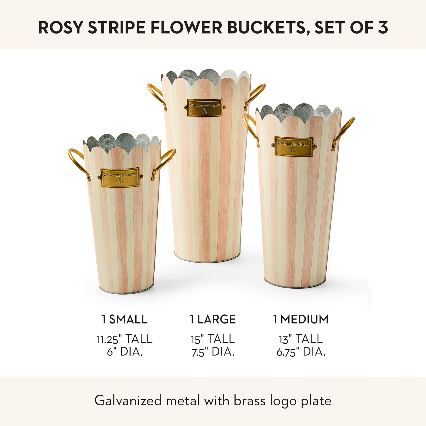 MACKENZIE-CHILDS Set of 3 Galvanized Flower Buckets, Decorative Metal Buckets, Black-and-White Courtly Stripe