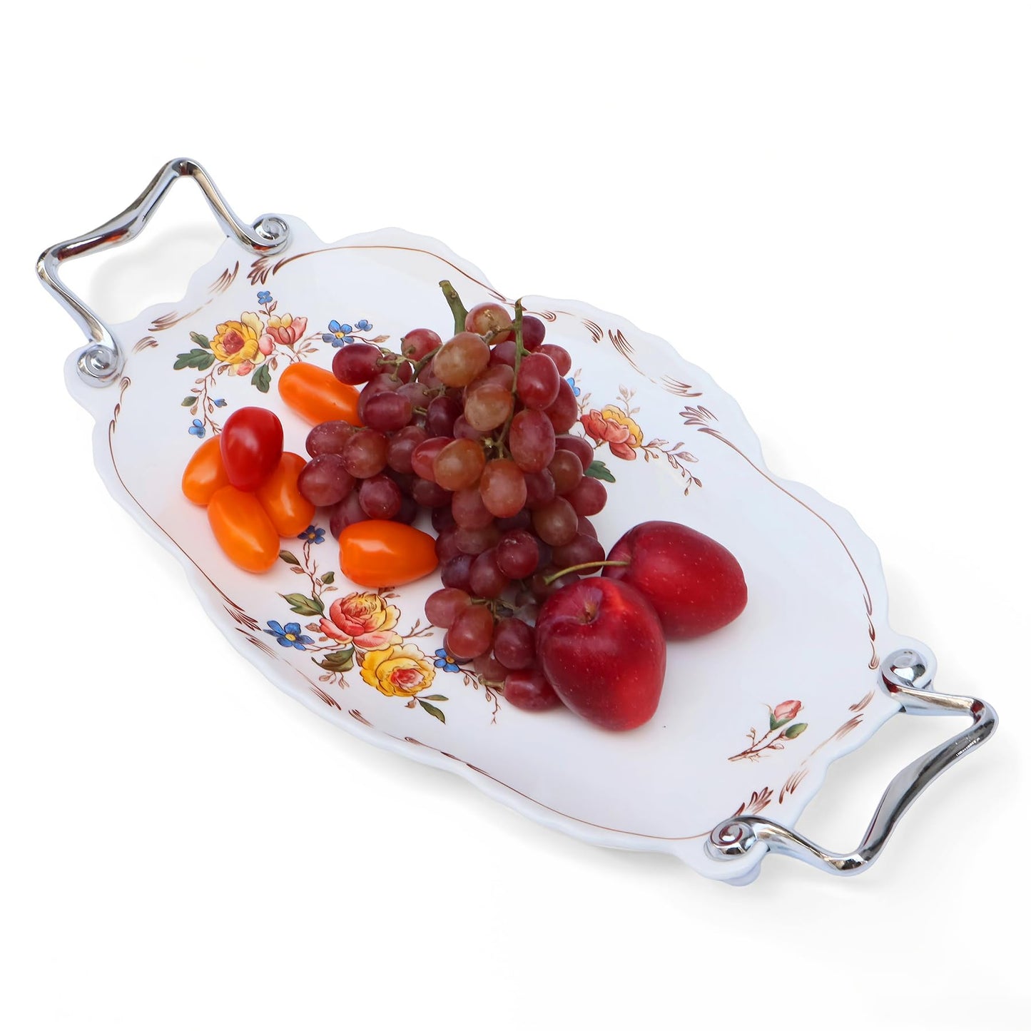 9″ Ceramic Pedestal Fruit Bowl with Removable Wooden Stand, Decorative Floral Serving Bowl for Kitchen Counter, Fruit, Desserts, Vegetables & Home Decor