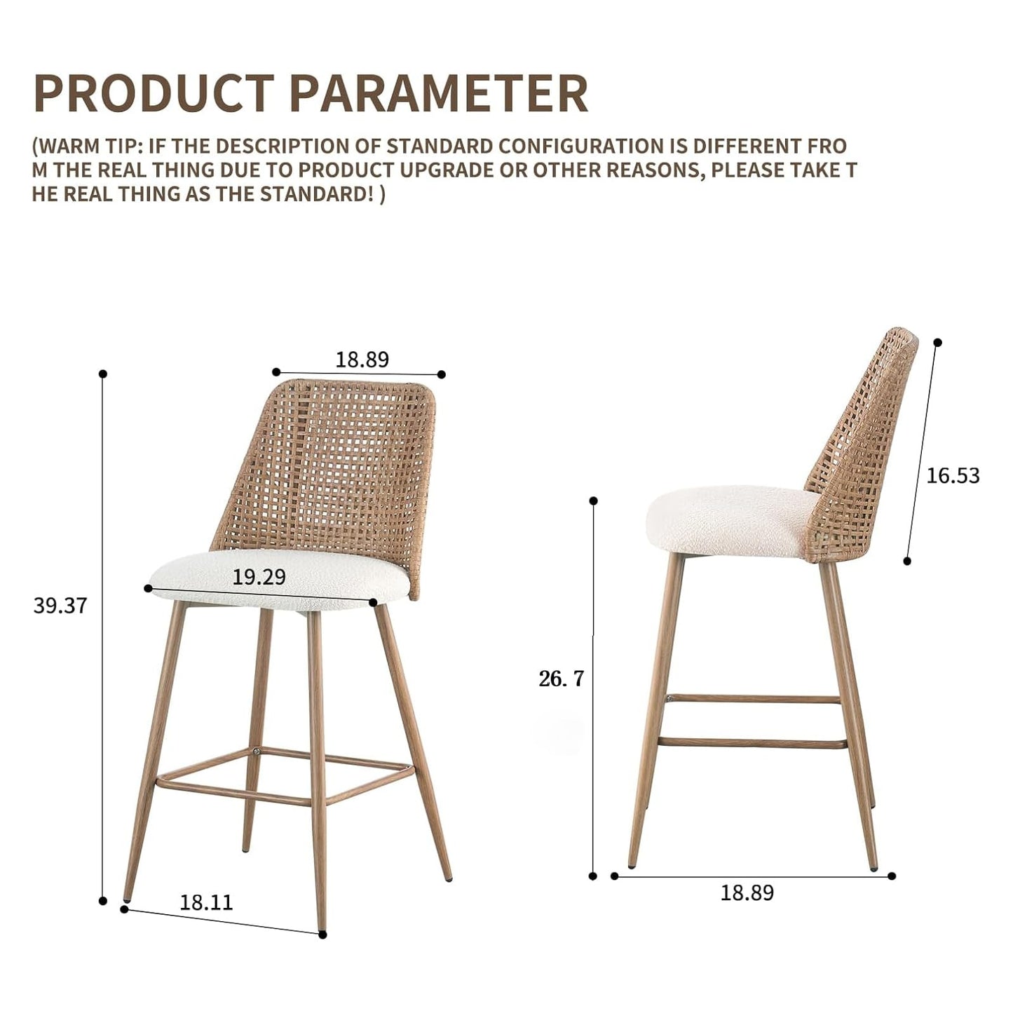 Rattan Bar Stools Set of 2, Counter Height Wicker Bar Stools with Square Back, Square Bar Chair with PE Rattan with Metal Legs,Chair for Home Kitchen