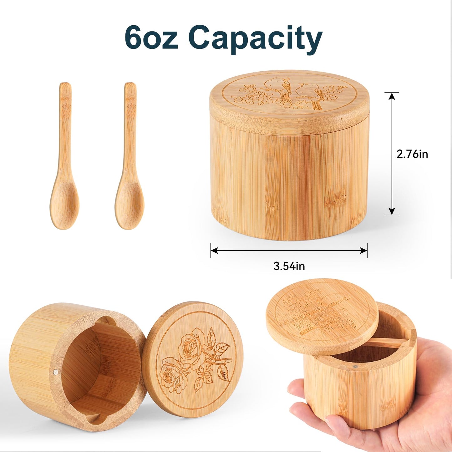 Timtopno Salt Cellar, Acacia Wood Salt Container with Built-in Spoon & Swivel Lid, Engraved SALT Box, Salt Holder Bowl for Countertop Seasoning Storage