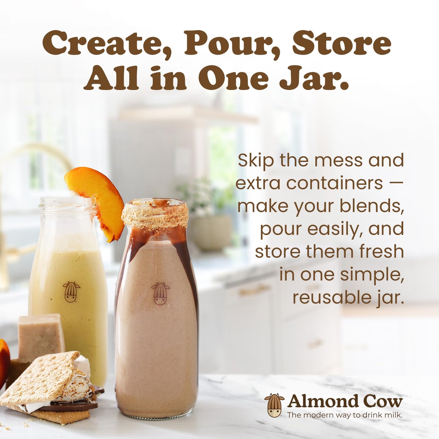 Almond Cow - Glass Pitcher with Lid and Spout, Glass Bottle Milk Container for Refrigerator, Clear Milk Jar Bottles, Food-Grade Liquid Container - 60 fl oz Capacity, 5 x 4 x 10 Inches