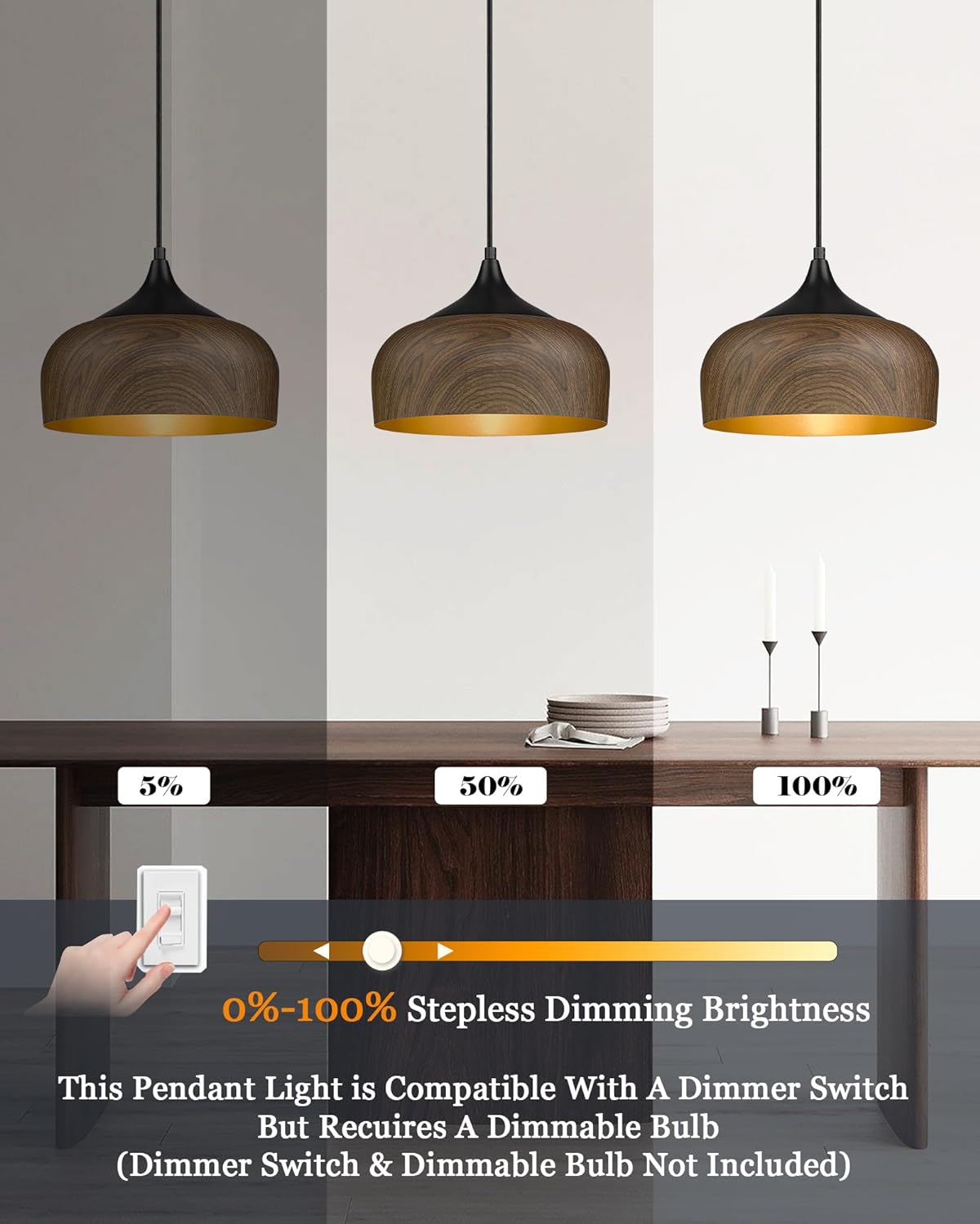 Modern Walnut Wooden Pendant Dome Light