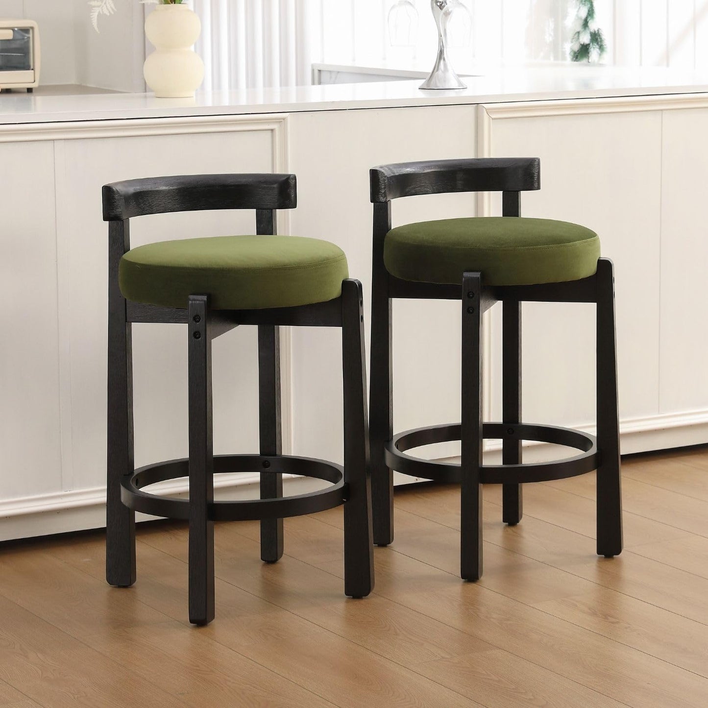 LukeAlon Mid Century Linen Counter Stools Set of 3, Upholstered 26.5" Seat Height Low Barstools with Natural Wood Legs Round Low Back Kitchen Stools with Footrest for Dining Room, Beige