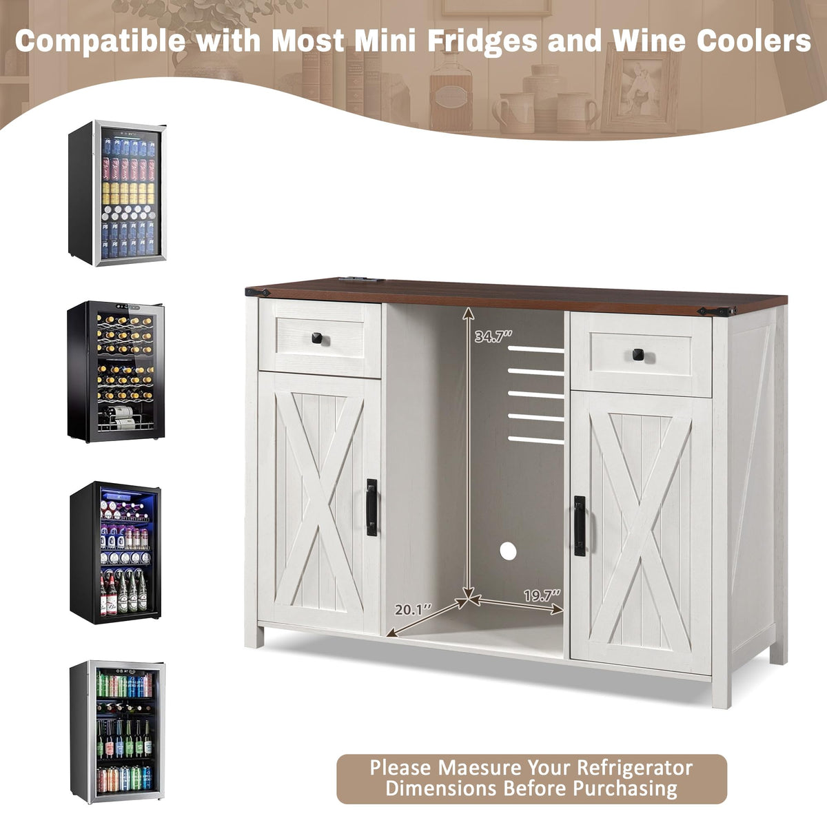 51" Modern Coffee Bar Cabinet with Fridge Space & 2 Drawers