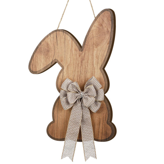 Menkxi Easter Wreath Door Hanger for Front Door Easter Bunny Signs with Bow Bunny Wreath Decor Rustic Spring Wooden Hanging Decorations for Wall Home Indoor Outdoor, 16 X11 Inch