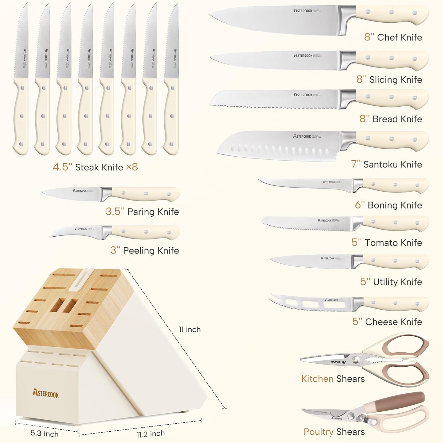 Knife Set,Astercook Kitchen Knife Set with Block 22-Piece Full Tang Stainless Steel Knives with Sharpener Dishwasher Safe and Anti-Slip Ergonomic Handle Elegant Cream White Utensils Set
