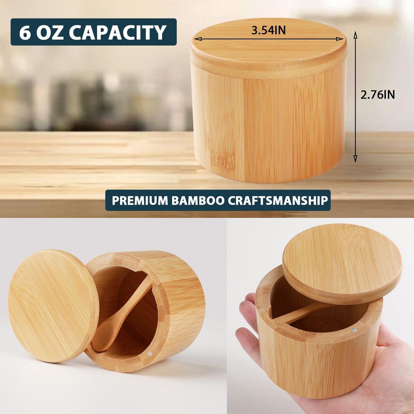 Timtopno Salt Cellar, Acacia Wood Salt Container with Built-in Spoon & Swivel Lid, Engraved SALT Box, Salt Holder Bowl for Countertop Seasoning Storage