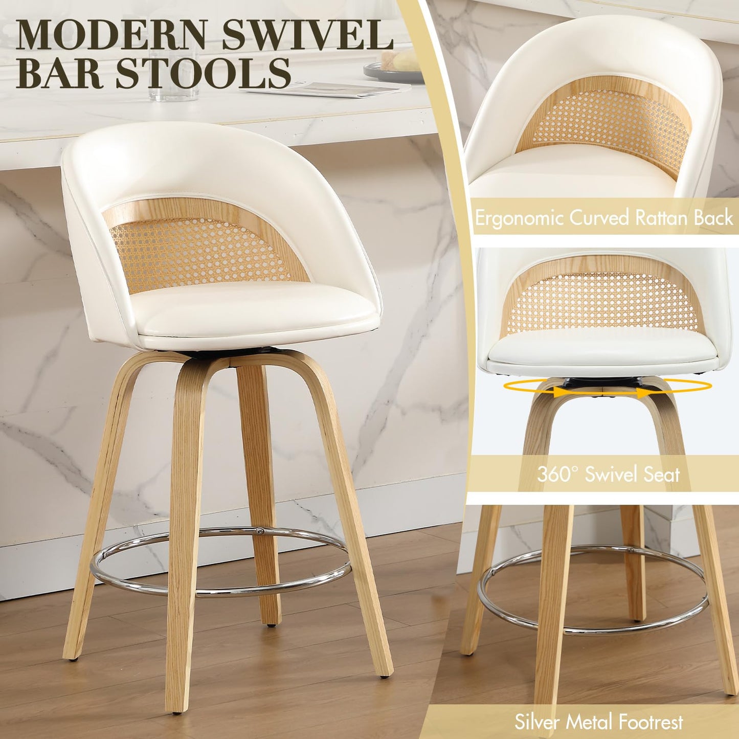 EALSON Bar Stools Set of 4, 26" Swivel Barstools with Rattan Backrest, Modern Faux Leather Upholstered Counter Height Bar Stools with Wood Legs & Bronze Footrest for Kitchen Island/Living Room, Brown