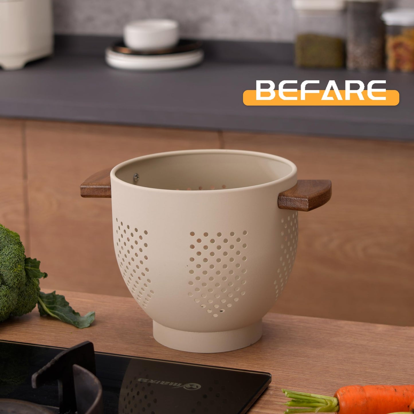 Metal Colander with Wood Handle and Stable Base, Powder Coated Steel Kitchen Strainer Basket for Draining Pasta, Vegetable and fruit(7quart,Sandyellow)
